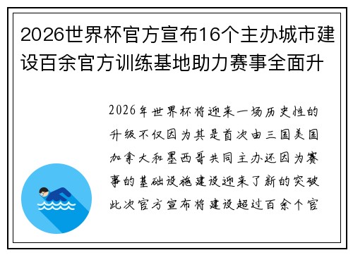 2026世界杯官方宣布16个主办城市建设百余官方训练基地助力赛事全面升级 ⚽ 2026世界杯官方宣布16个主办城市建设百余官方训练基地助力赛事全面升级 ⚽