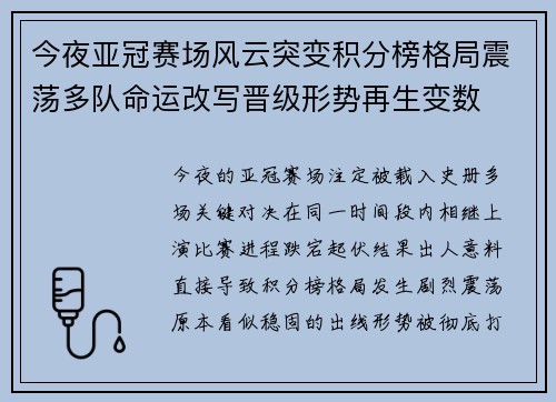 今夜亚冠赛场风云突变积分榜格局震荡多队命运改写晋级形势再生变数 今夜亚冠赛场风云突变积分榜格局震荡多队命运改写晋级形势再生变数